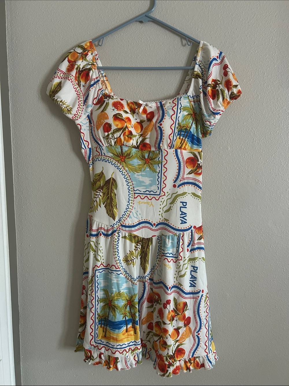 Derek Heart White Tropical Print Midi Dress with Orange, Blue and Green Accents